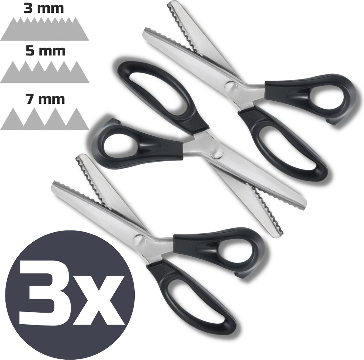   Kartelschaar | Set van 3 | 3, 5 en 7 mm | Stofschaar | Stoffenschaar | Textielschaar | Kleermakersschaar | Knutselschaar | Kartelschaar voor stof| Scharenset  | Zigzag patroon